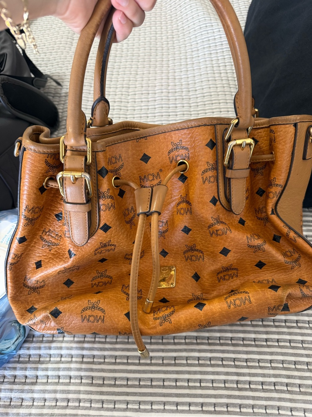MCM Cognac Visetos Drawstring Shoulder Bag with Black Logo